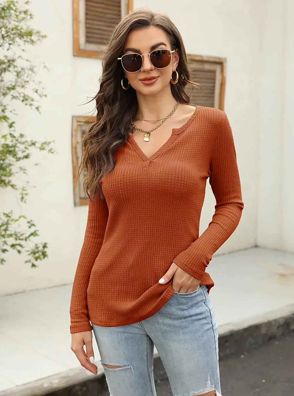 Women's V Neck Waffle Knit Henley Tops Casual Long Sleeve Pullover Sweater Blouses