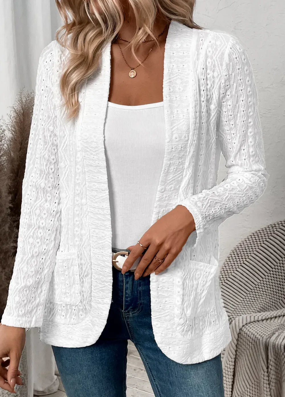White Pocket Lace Long Sleeve Coat