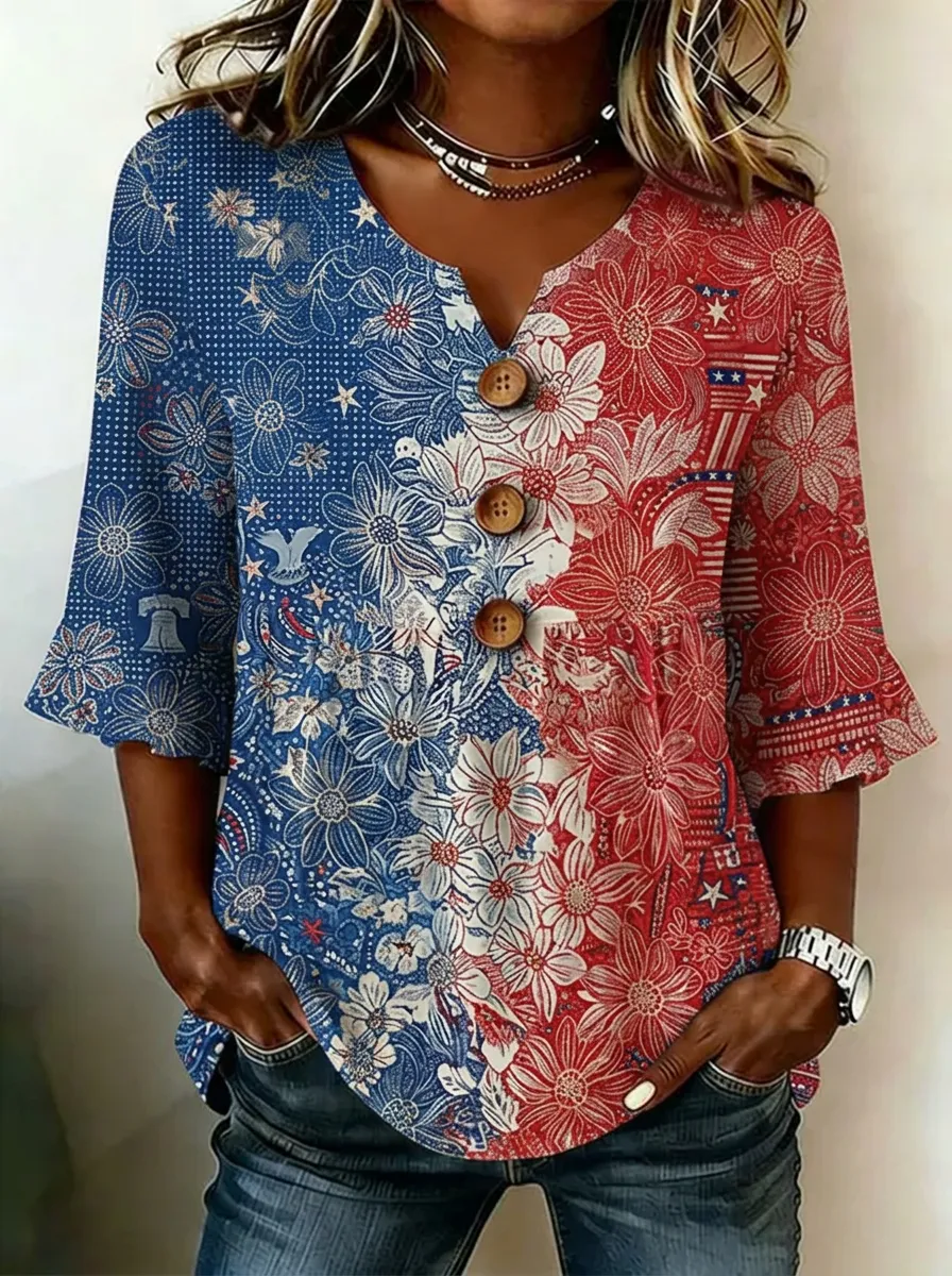 Women's Nashville Patriotic Floral Flag Printed V-Neck Top