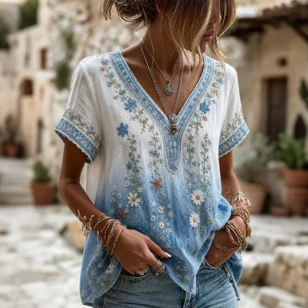 Women's Retro Floral Embroidered Art Pattern V Neck T-shirt