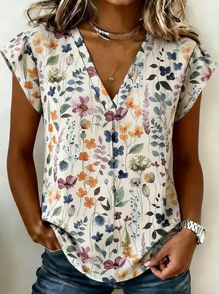 Women's Nashville Botanical Wildflower Printed V-Neck Top