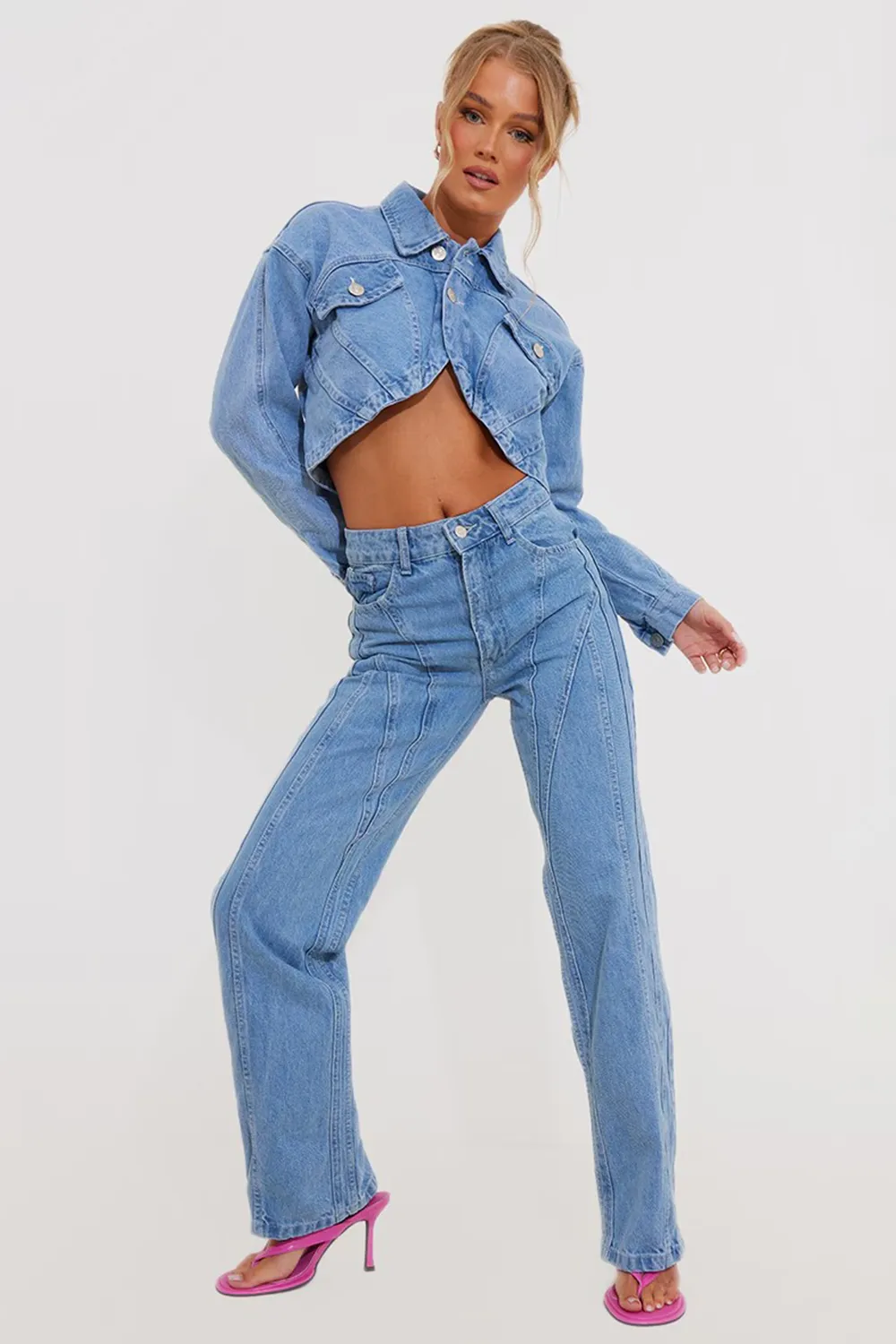 Light Blue Wash Seam Front Detail Straight Leg Denim Jeans Set