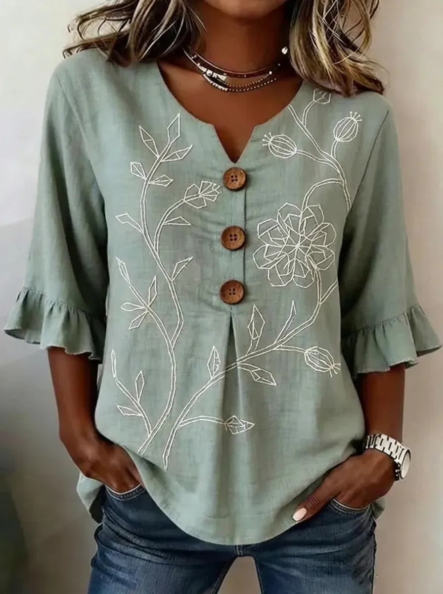 Women's Nashville Floral Embroidered Button-Down Ruffle Sleeve Top