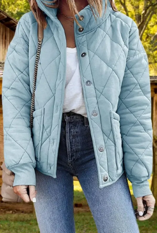 Women's Quilted Jacket Casual Stand Collar Button Coat