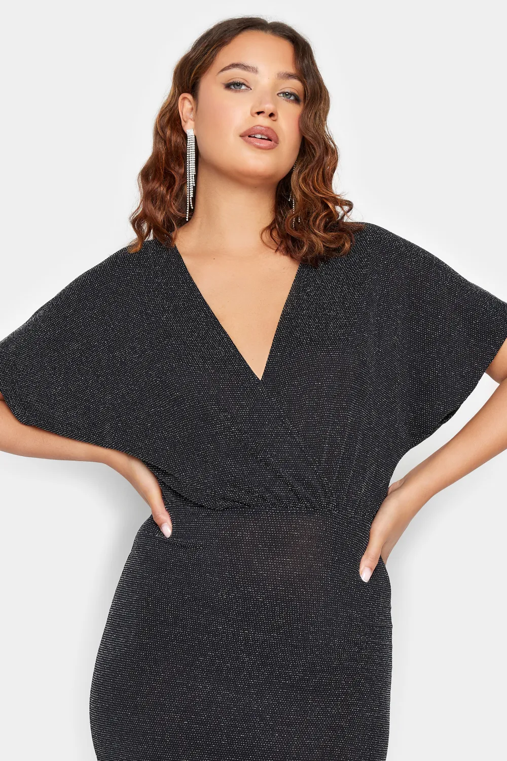 LTS Tall Black & Silver Glitter Midi Wrap Dress