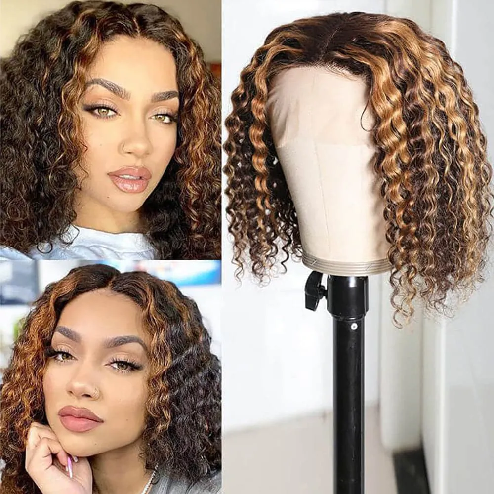 Sterly Mix Color Brown Curly Bob Wig Affordable 13X4 Highlight Frontal Lace Wig