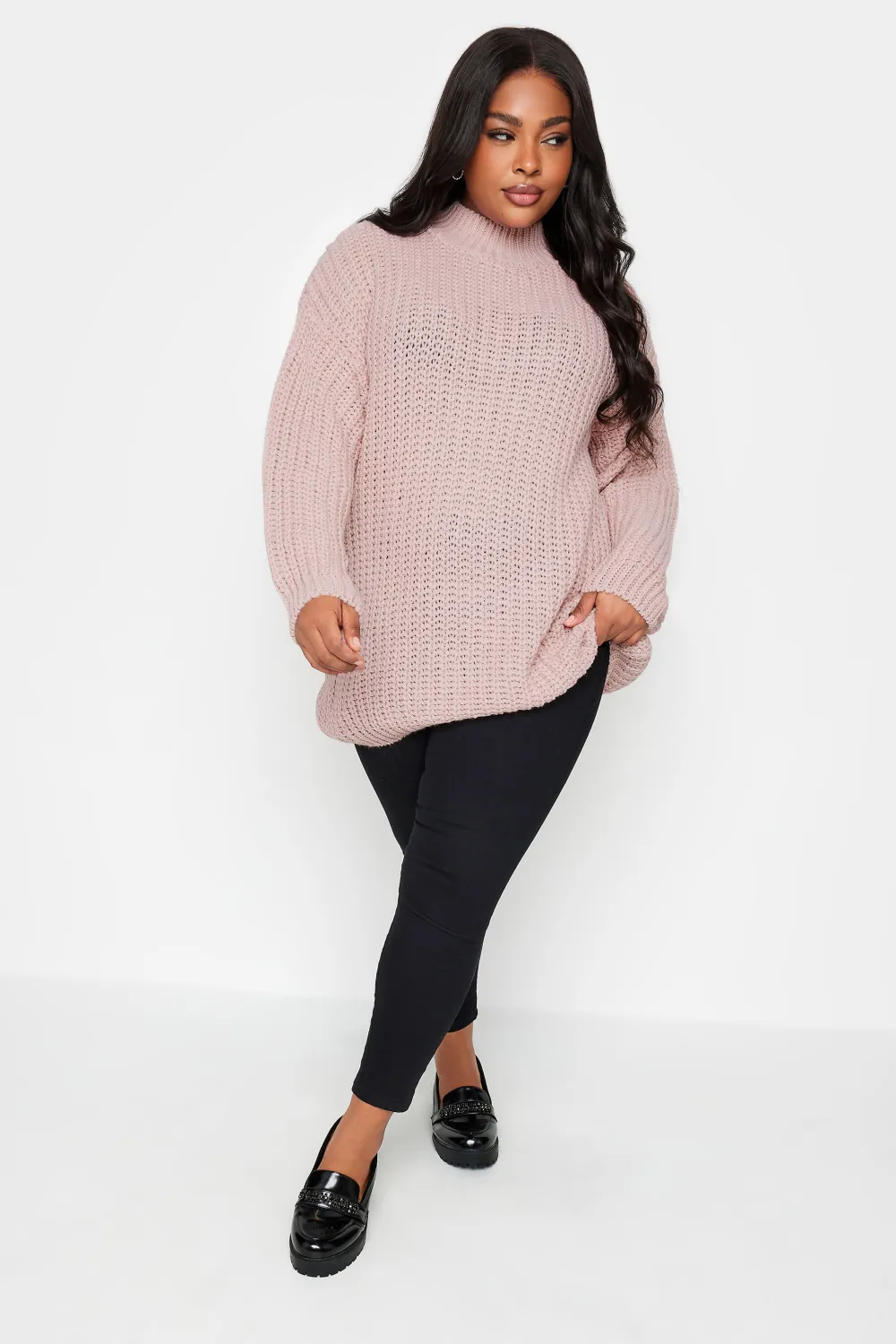 YOURS Curve Pink Funnel Neck Oversized Knitted Jumper