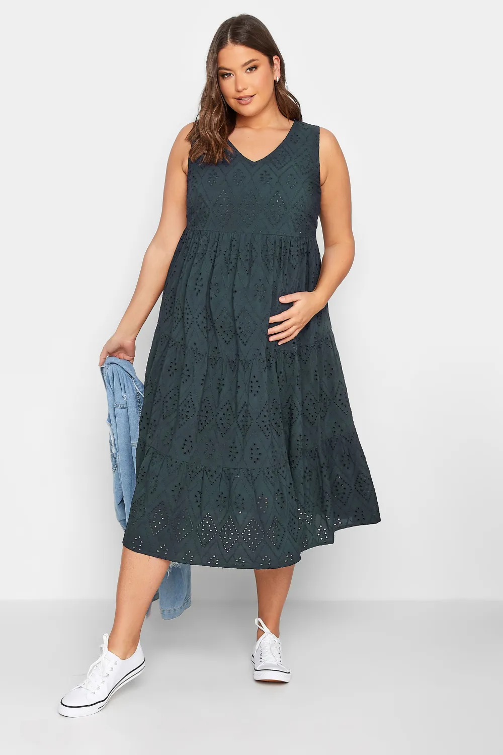 BUMP IT UP MATERNITY Curve Sage Green Broderie Anglaise Tiered Midi Dress