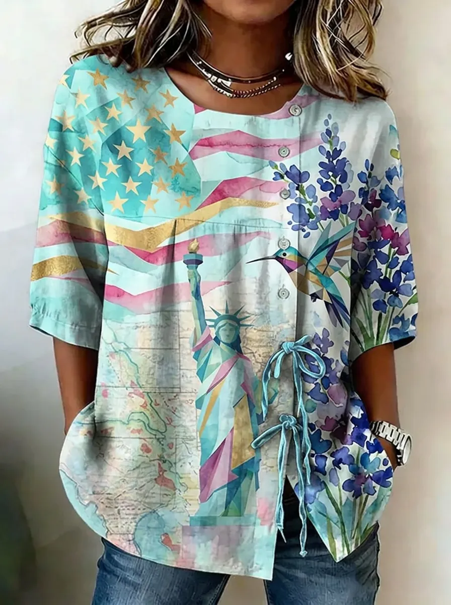 Women's USA Patriot Statue of Liberty Hummingbird Printed Top