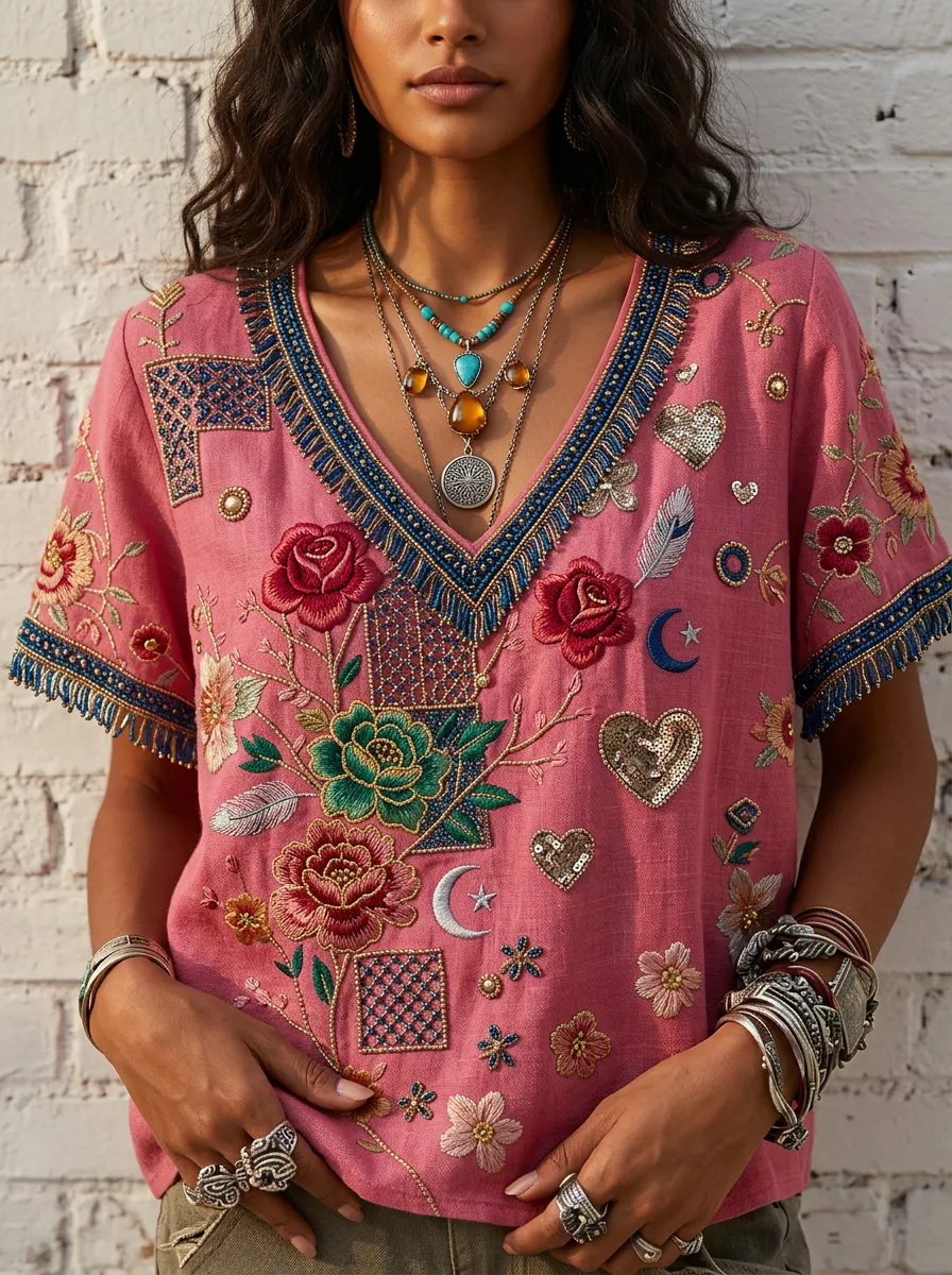 Women's Nashville Boho Floral Moon Heart Embroidered Printed Top