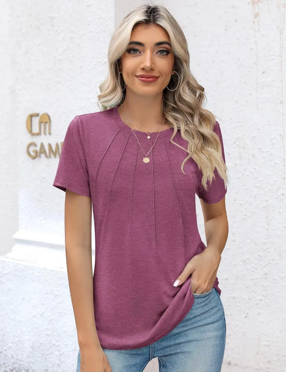 Kistore Womens Casual Crew Neck Short Sleeve Pleated Tops Blouses Fashion Clothes 2024