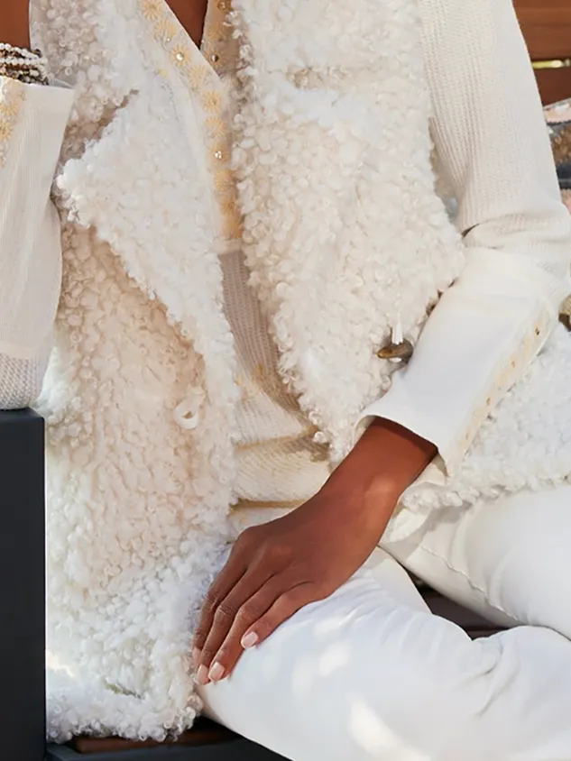 Women Casual Plain Autumn Natural Heavyweight Daily Sleeveless Shawl Collar Teddy Velvet Teddy Jacket