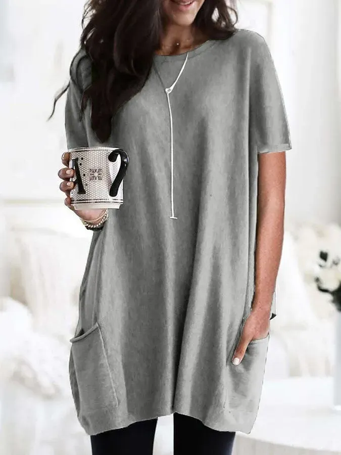 Solid Color Short Sleeve Casual Pocket T-Shirt