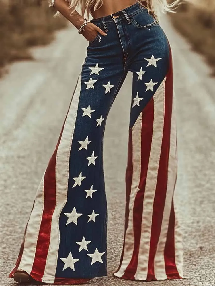 Vintage Independence Day America Flag Patchwork Art Design Jeans