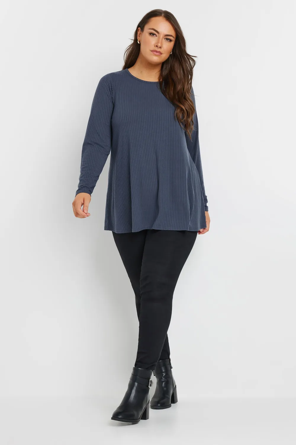 YOURS Curve Black Long Sleeve Ribbed Swing Top