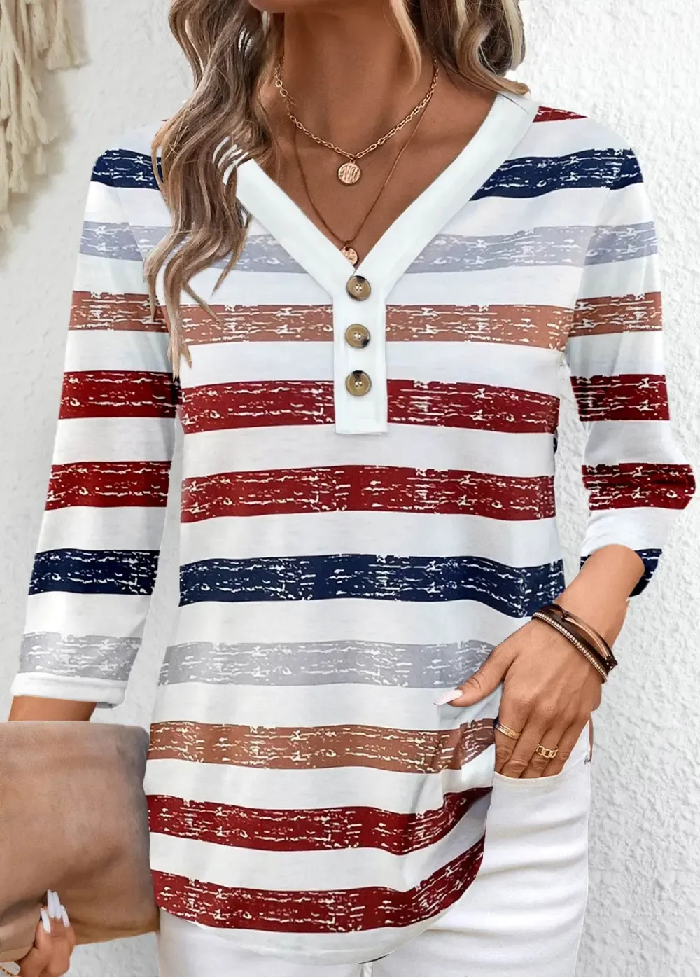 Red Button Multi Stripe Print 3/4 Sleeve T Shirt
