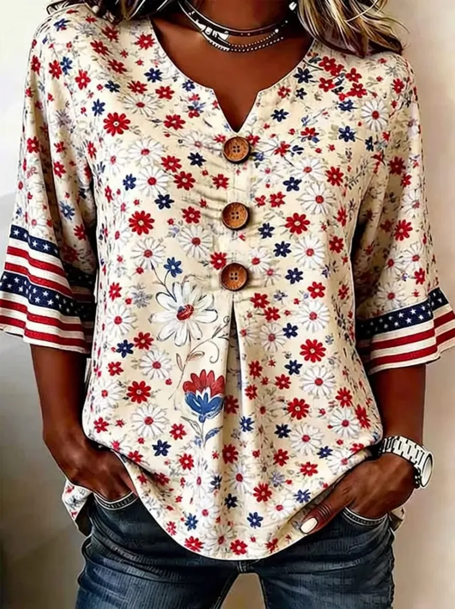 Women's Nashville Patriotic Daisy Floral Printed Button V-Neck Top