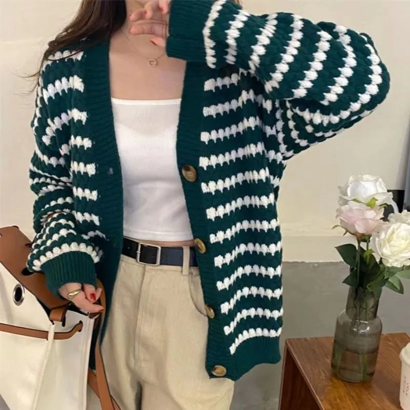 Casual Striped Woolen Knit Cardigan