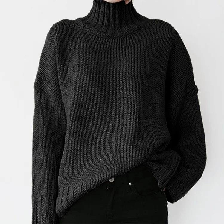 Retro Long Sleeve Solid Color Turtleneck Pullover Sweater
