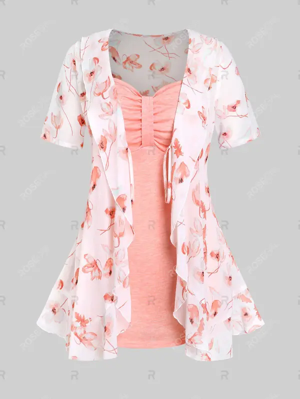 Floral Tie Blouse and Knot Solid Tank Top Set and Lace Up Side High Waisted Capri Pants Plus Size & Curve Summer Outfit
