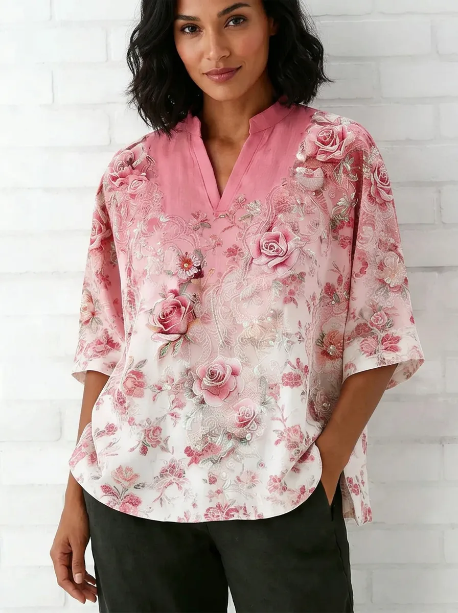 Women's Nashville Floral Rose Pattern Printed V-neck Top