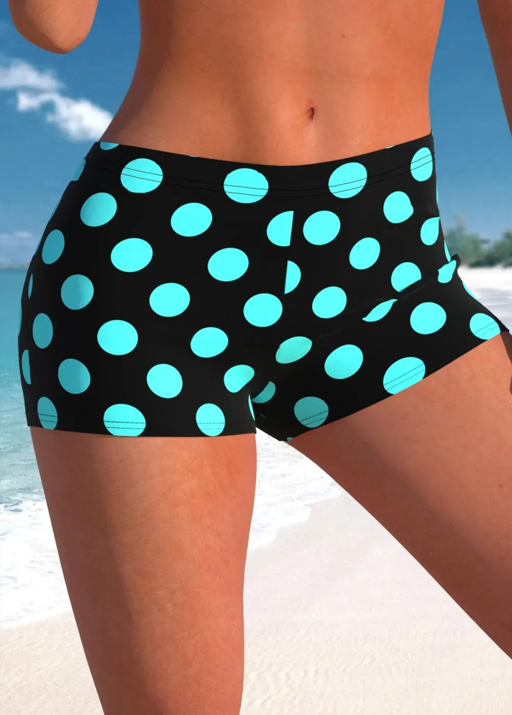 Fake 2in1 Polka Dot Cyan Tankini Top