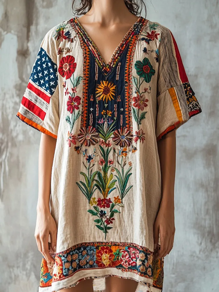 Women's Boho Independence Day Flag Floral Art V Neck Midi Dress