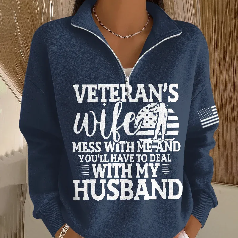 Women's Veteran Art Print Casual Zip-Up Sweatshirt