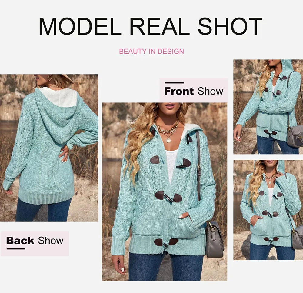 Womens Hooded Cardigans Button Up Cable Knit Sweater Coat Outerwear with Pockets