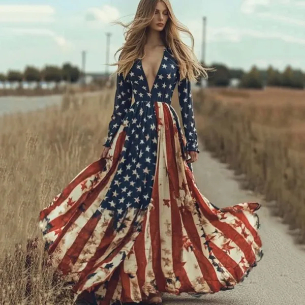 Women's Vintage Independence Day Flag Printed Maxi Dress