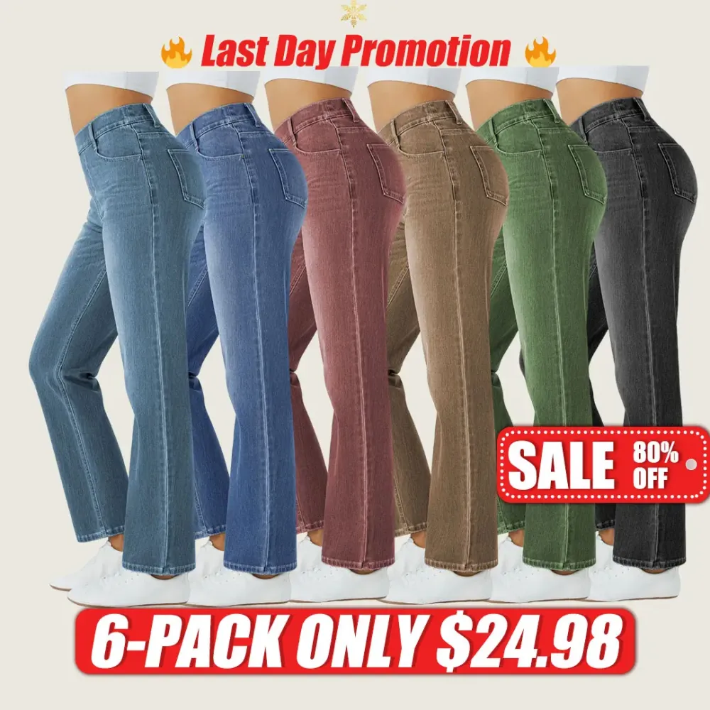 High Waisted Multiple Pockets Straight Leg Washed Stretchy Knit Casual Jeans