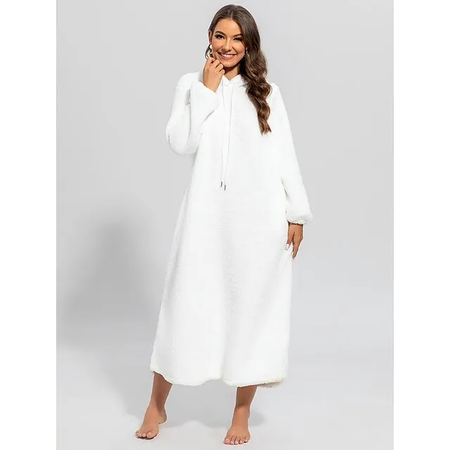Women's Hoodie Dress Casual Dress Midi Dress Teddy Fleece Warm Home Daily Weekend Hoodie Pocket Drawstring Pure Color 2023 Regular Fit White Lavender Khaki S M L XL 2XL