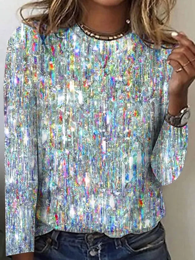 Women's T shirt Tee Silver Light Green Pink Graphic Print Long Sleeve Daily Weekend Fashion Basic Elegant Round Neck Regular Fit Painting Fall & Winter