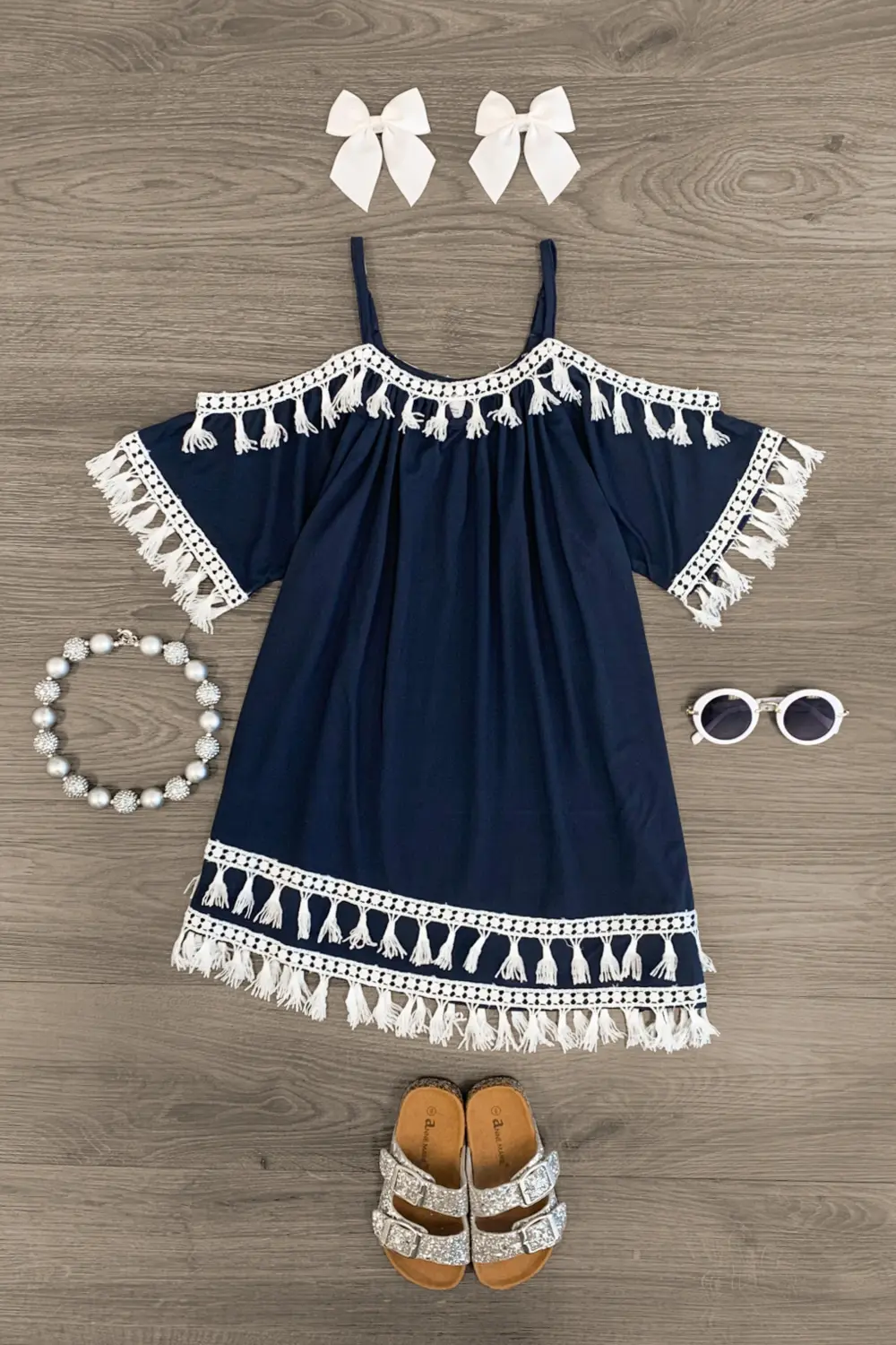 Navy & White Tassel Cold Shoulder Dress