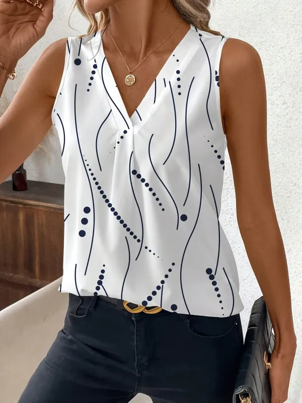 Geometric Print V-Neck Sleeveless Women'S Vest, Polyester, Regular Fit, Woven, No Chest Pad, for Spring/Summer/Fall