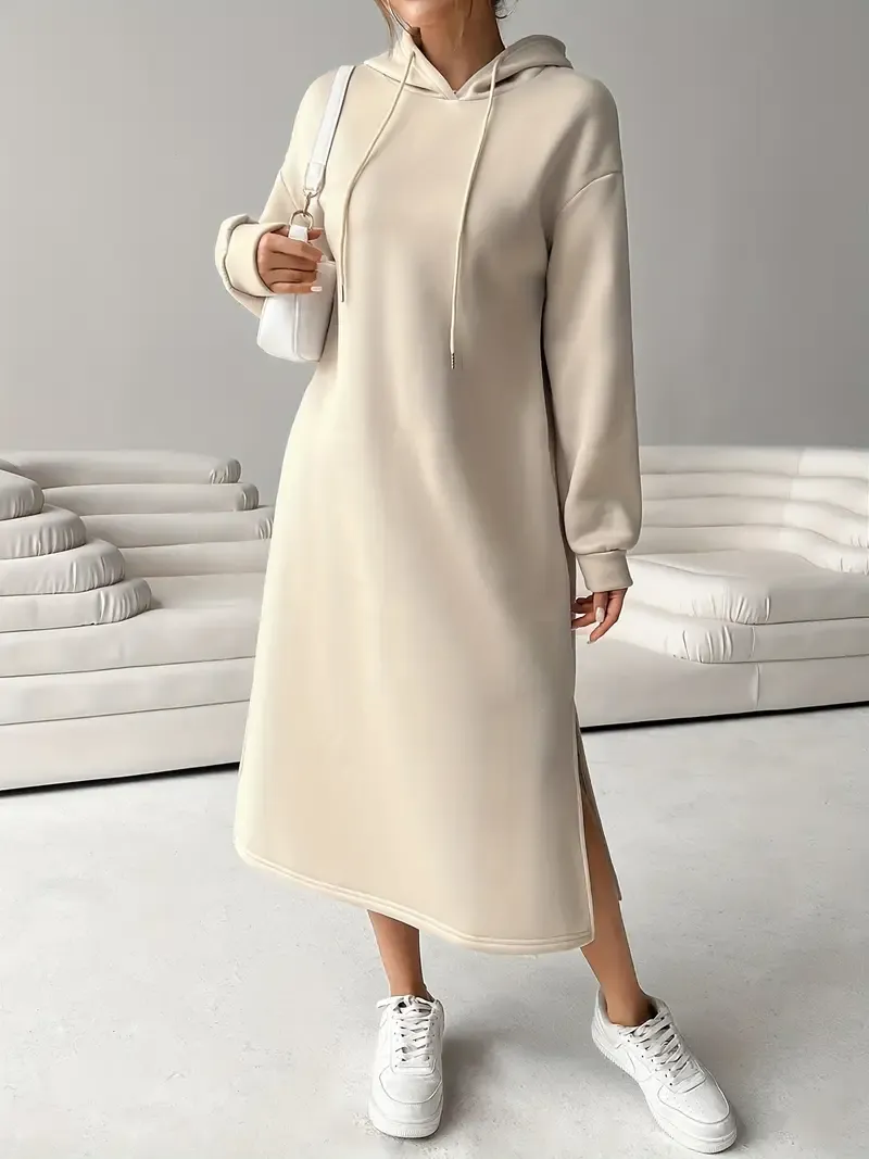 Women's Letter Print Drawstring Hooded Sweatshirt Dress, Long Sleeve Loose Casual Fall Winter Dress