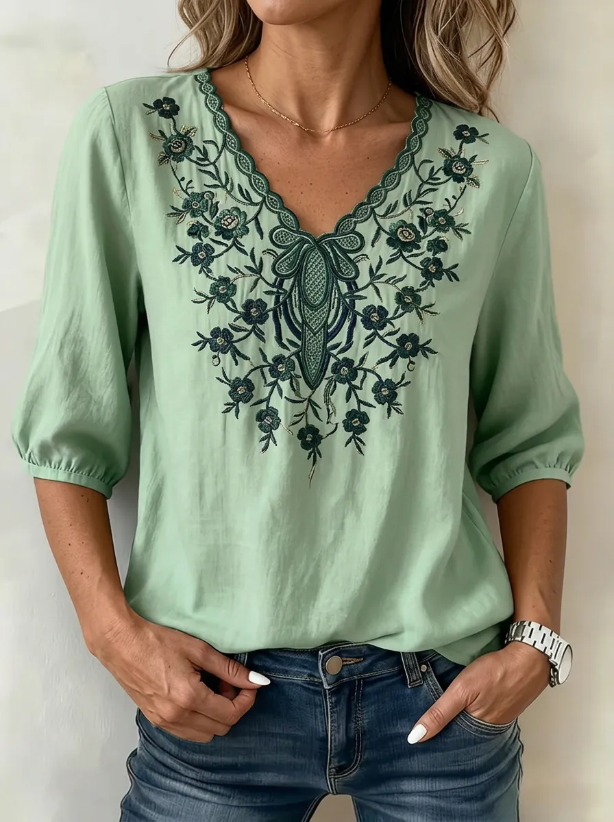 Women's Nashville Floral Embroidery V-Neck Printed Top