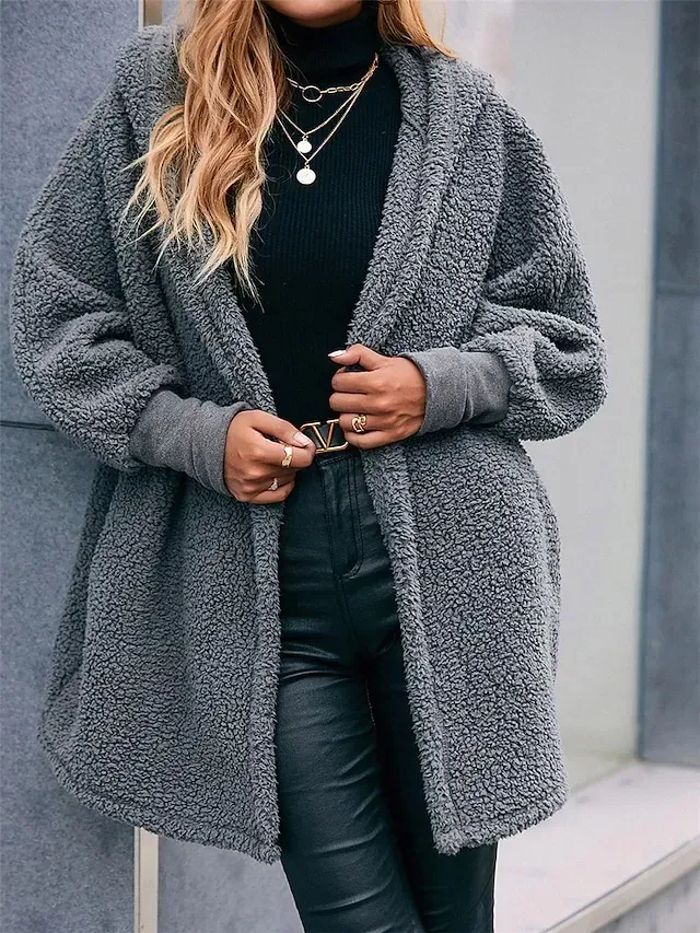 Women's Fleece Jacket Teddy Coat Hoodie Jacket Warm Breathable Street Daily Wear Vacation Going out Pocket Fleece Lined Buttoned Front Hoodie Casual Street Style Plain Regular Fit Outerwear Long