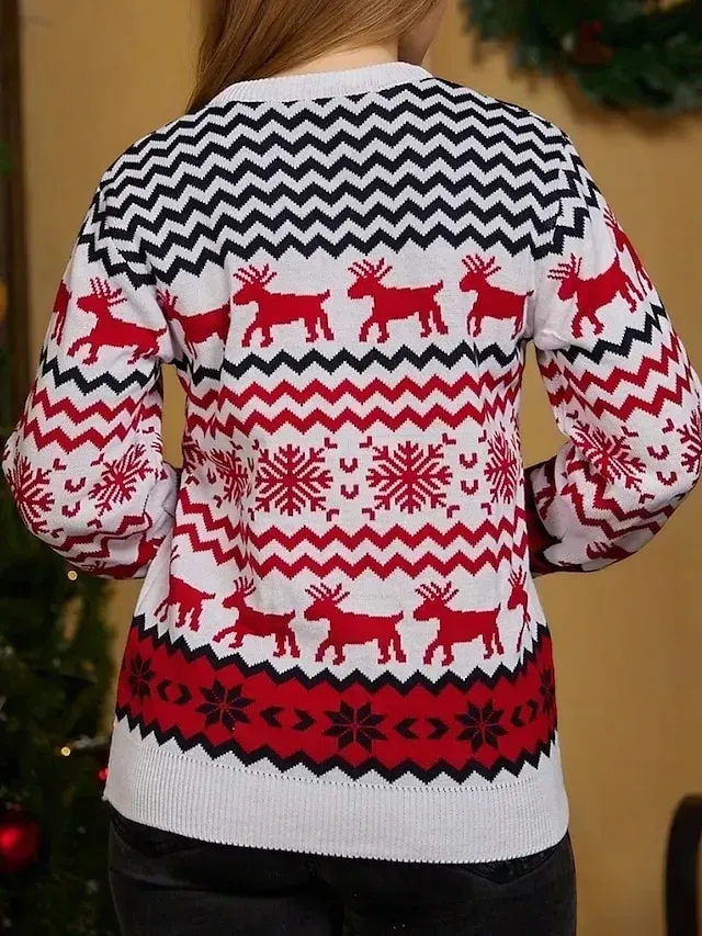 Women's Ugly Christmas Sweater Pullover Sweater Jumper Crew Neck Ribbed Knit Polyester Patchwork Fall Winter Regular Outdoor Xmas Daily Stylish Casual Soft Long Sleeve Elk Striped Snowflake