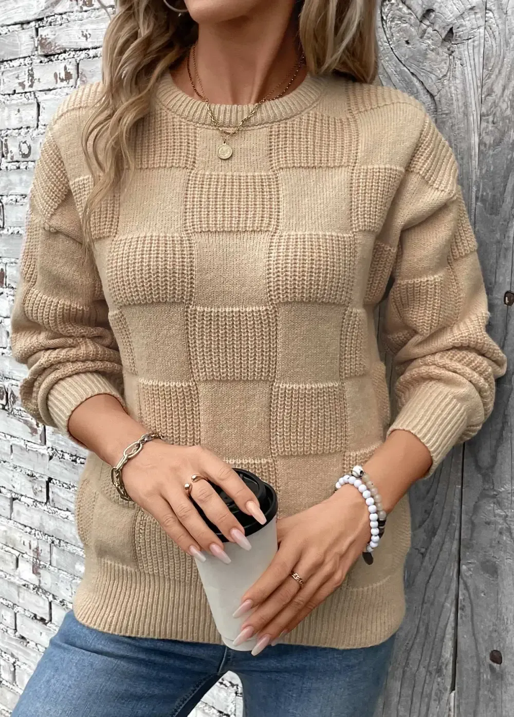 Light Coffee Patchwork Long Sleeve Round Neck Sweater