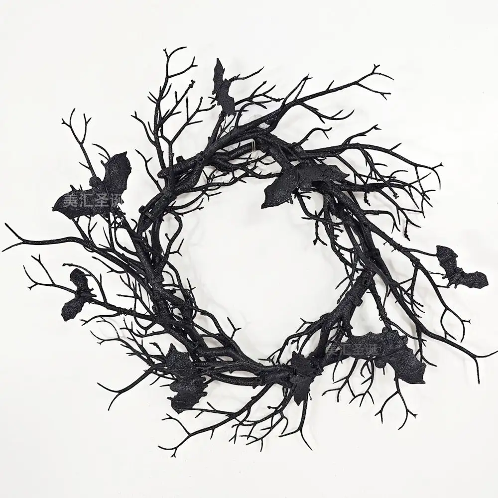 Halloween Wreath Bat Black Branch Wreaths With Red LED Light 45CM Wreaths For Doors Window Flower Garland Halloween Decoration