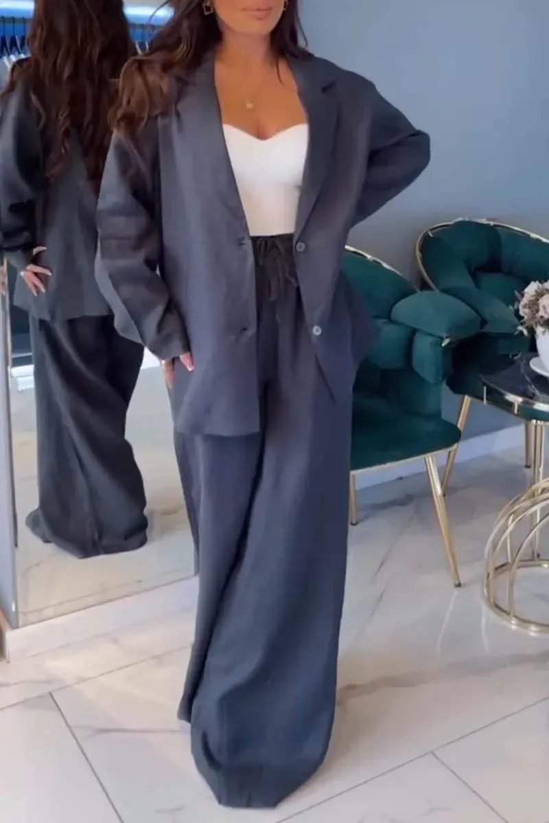 Women's casual suit wide leg pants cotton and linen two-piece set