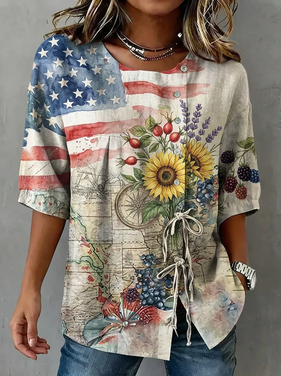 Women's Nashville USA Flag Sunflower Map Printed Button-up Top