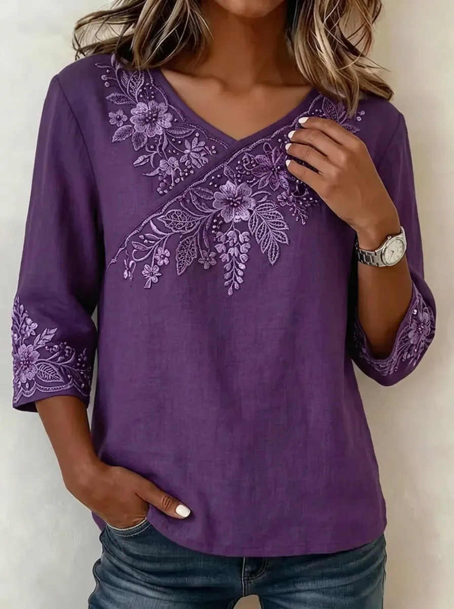 Women's Nashville Floral Embroidery Printed V-Neck Top