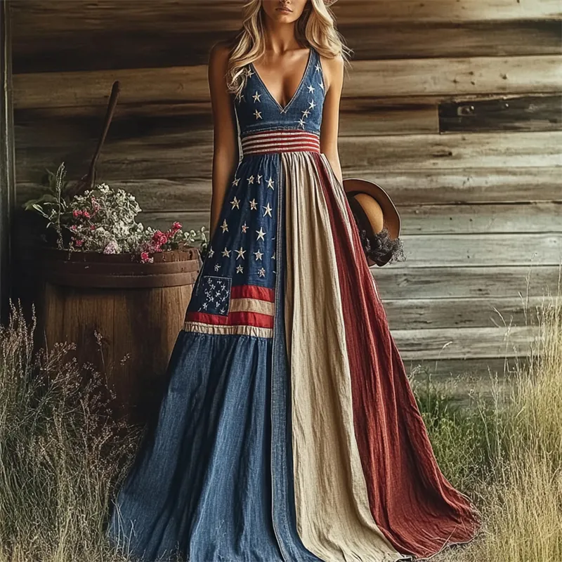 American Sweetheart Flag Denim Contrast Maxi Dress