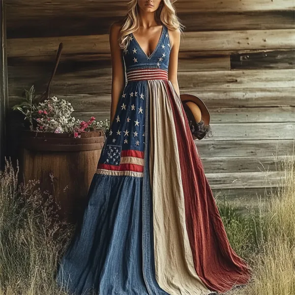 American Sweetheart Flag Denim Contrast Maxi Dress