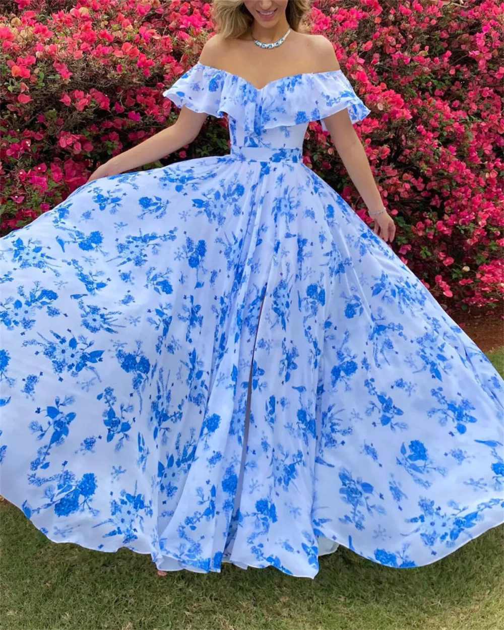 Women's Blue Slit Print Dress - 01