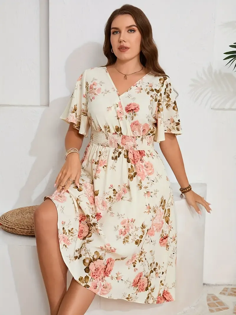 Women'S Plus Size Floral V-Neck Pencil Dress, Elegant Summer Woven Fabric with Shirred Waist Detail, 100% Polyester, Non-Stretch, 110 g/m² - Fashionable Floral Pattern