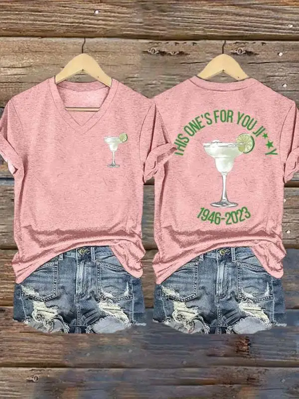 Women's THIS ONE'S FOR YOU JIMMY 1946-2023 Print V-Neck T-Shirt