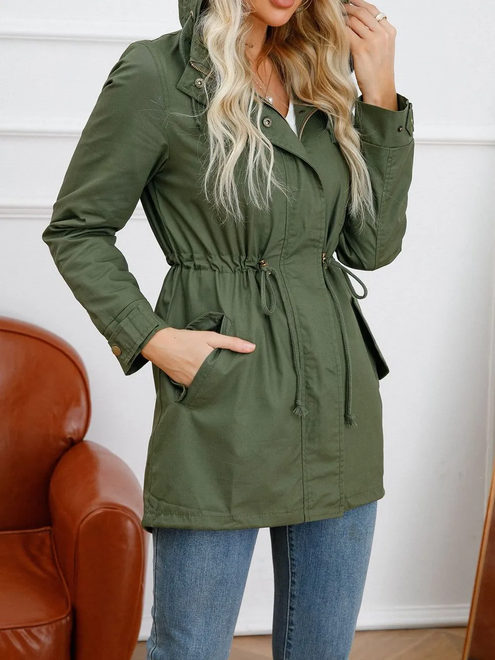 Adjustable waist hooded women jacket
